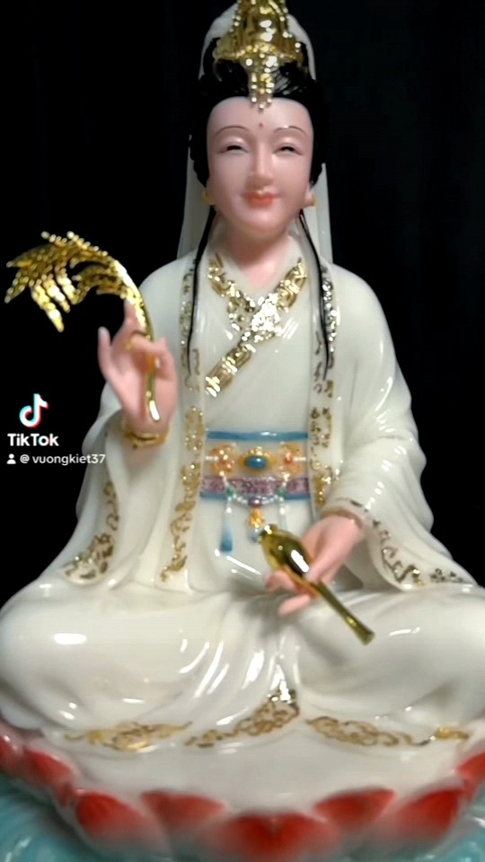 [ Cao 30 cm  Màu Trắng + xanh + Đỏ ] Tượng Quan Âm Tọa Đài Sen Chất Liệu Bột Đá - Hàng Nhập Khẩu