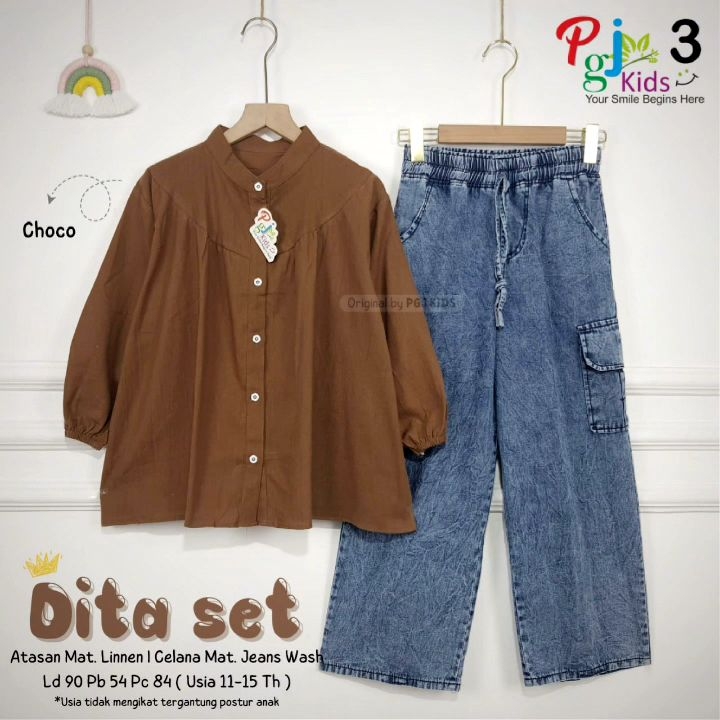 (( PGJ )) DITA SET TEEN KIDS // SETELAN BLOUSE POLO LINEN TEBAL // SETELAN CELANA KULOT JEANS CARGO ANAK PEREMPUAN KEKINIAN // BAJU ONE SET LENGAN BALON TERBARU