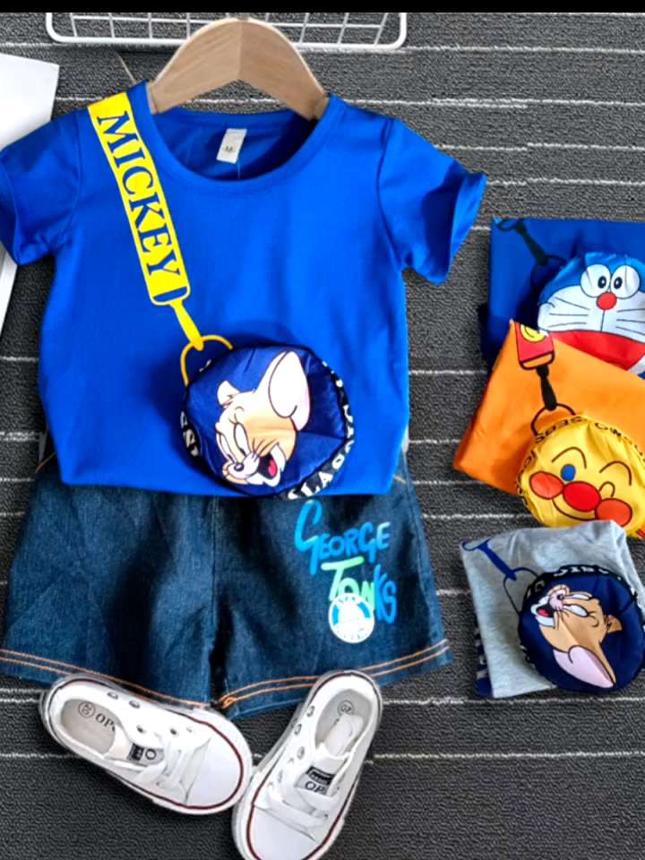 Setelan Celana Jeans Anak Laki Laki Import Stelan Anak Cowok Set Kaos Dan Celana Pendek Anak Laki Laki Usia 1-4Tahun