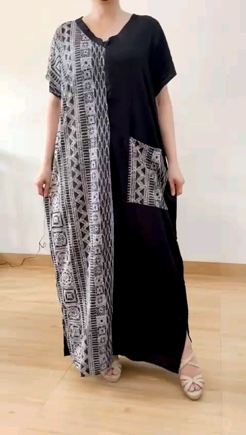●ECLAIRE● 003 Dress Maksi Maxi Loose Jumbo Oversize Bigsize Leher Vneck Lengan Pendek Shortsleeves Busui Friendly Motif Tribal Import 91981