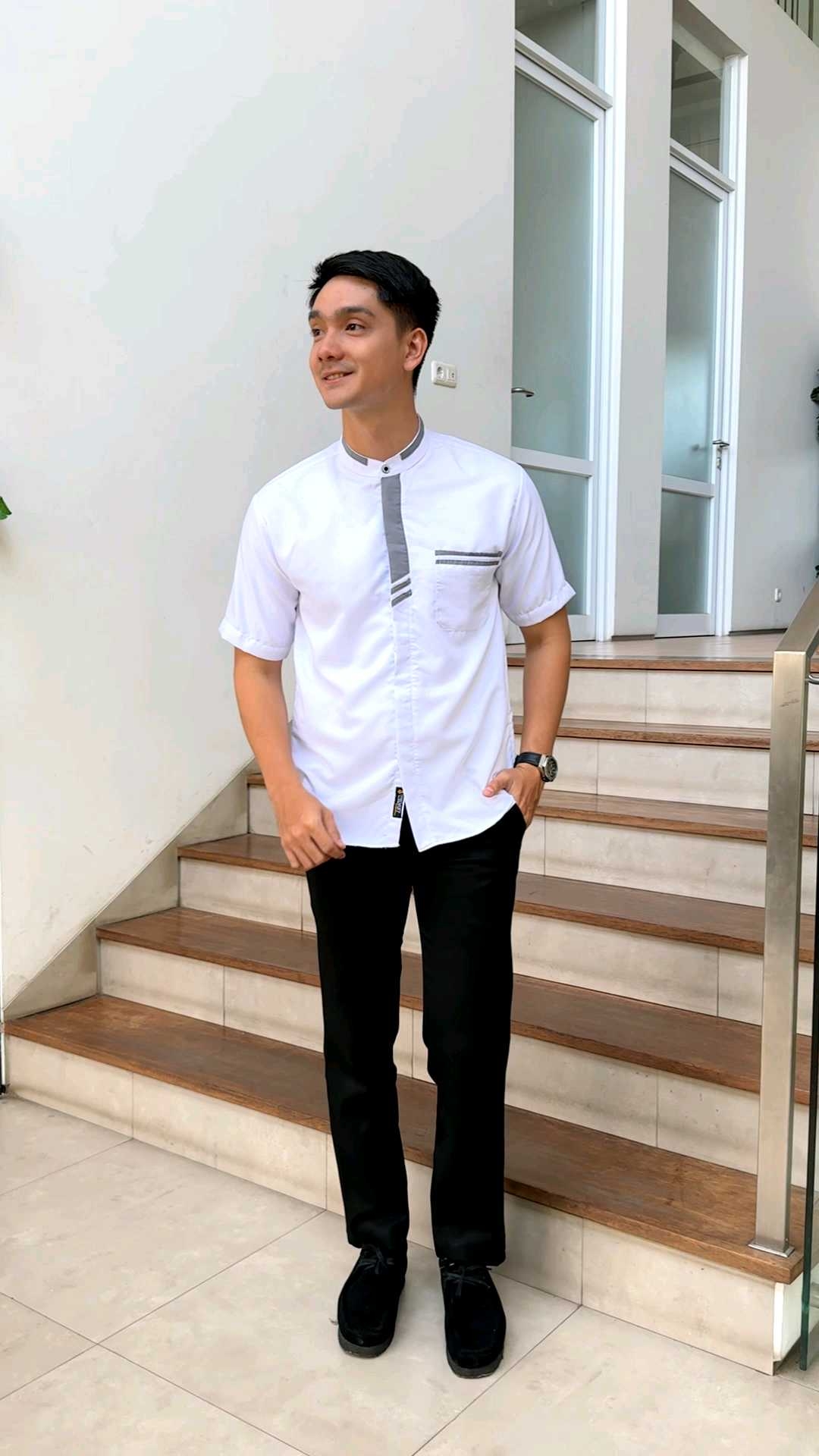 Baju Koko Pria Lengan Pendek Polos Kombinasi Abu Abu Motif Master
