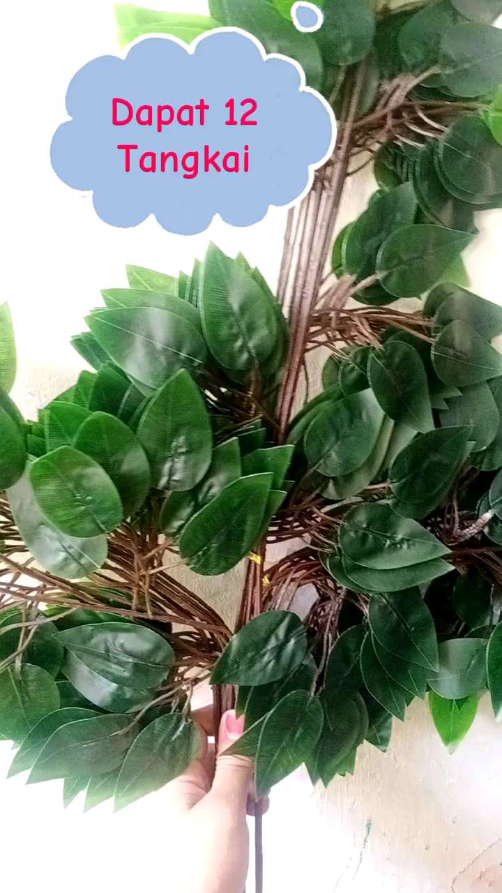 (1 Lusin) Daun Beringin Latex Hijau Tangkai Coklat Cabang 3 / Daun Dekorasi Artificial Flower