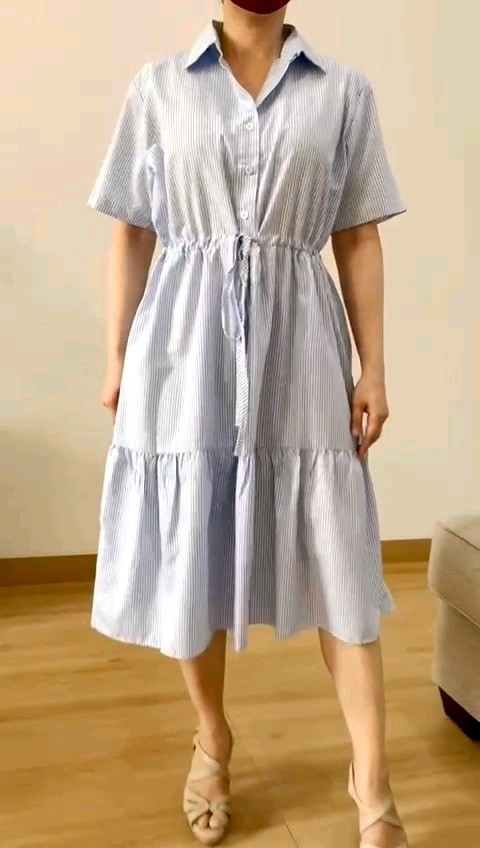 ●ECLAIRE● 063 Dress Midi Kerah Kemeja Lengan Pendek Shortsleeves Drawstring Tali Serut Salur Stripe Garis-garis Busui Friendly Kasual Casual Kerja Kantor Basic Korea 1101