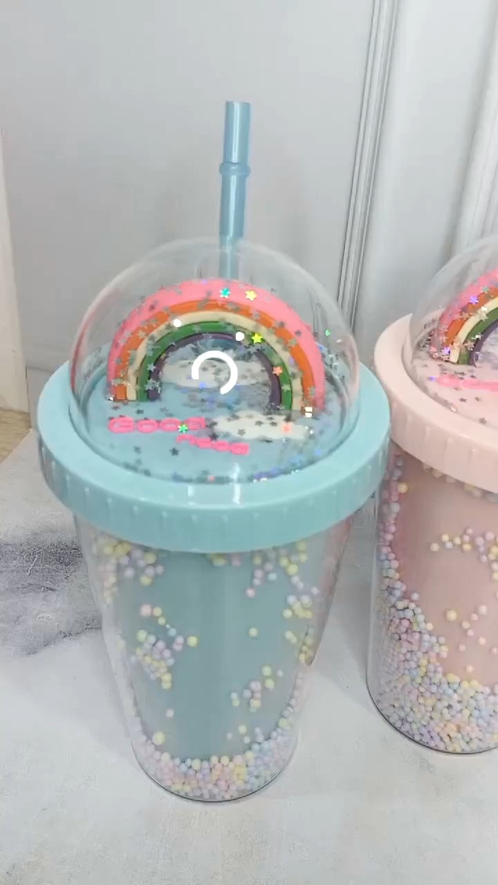 Botol Minum Tumbler Glitter Rainbow Pelangi Foam 550ml Tumbler Gelas Cantik Unik Kado Lucu