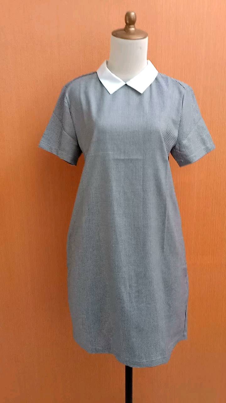 mini midi dress wanita putih hitam houndstooth ZYRA cewek M L lengan pendek collar cute santai