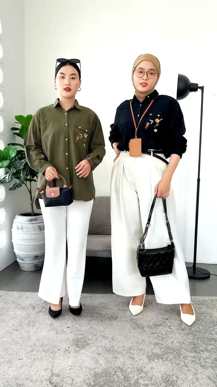 Kemeja Wanita Korean Style Bordir Kinaya Hitam Putih Pink Army Oversize Jumbo Bigsize