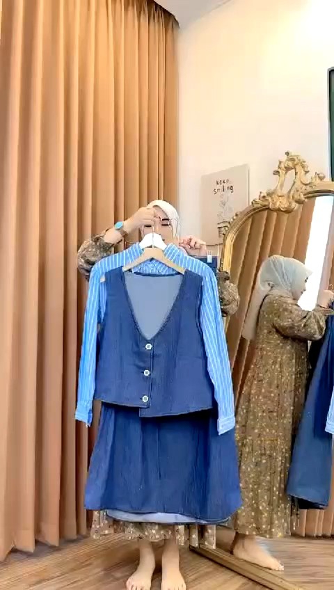 Setelan 3in1 Lemosty Ciara: Rok Wanita Kemeja Katun Salur & Rompi Denim