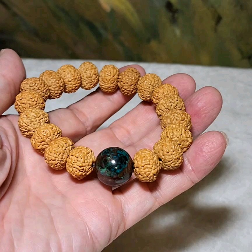 14.5mm premium natural "Panlong" (Coiling Dragon) 10 Mukhi (faces) small species Rudraksha with a 16mm Chrysocolla "18 beads mala" bracelet 十瓣盘龙小金刚菩提子配凤凰松石(硅孔雀石)十八子手链