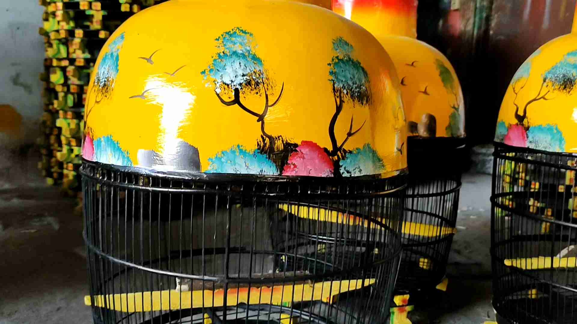 SANGKAR BURUNG PERKUTUT TERBARU WARNA KUNING KANDANG MOTIF LUKIS SUPER TERBAIK - CIANJUR